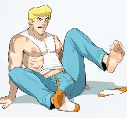Rule 34 | 1boy, blonde hair, bulge, feet, fred jones, highres, male focus, muscular, muscular male, nipples, on ground, pectorals, scooby-doo, sleeveless, slimy tablet, socks, solo