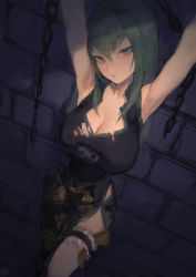 Rule 34 | 1girl, armpits, arms up, bdsm, blue eyes, bondage, bound, breasts, bridal garter, chain, china dress, chinese clothes, commentary, dress, garter belt, green hair, hair between eyes, hair down, highres, large breasts, long hair, looking at viewer, nat the lich, parted lips, shaman king, solo, tao jun, thighs, wide hips