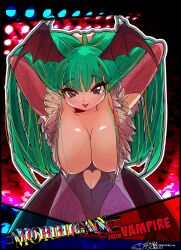 Rule 34 | 1girl, armpits, arms behind head, artist name, bat wings, breasts, capcom, cleavage, clothing cutout, demon girl, heart cutout, highres, large breasts, legs, leotard, morrigan aensland, open mouth, red lips, smile, solo, thighs, vampire (game), wings