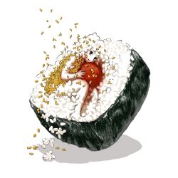 Rule 34 | 1other, blending, food, food focus, highres, holding, holding food, looking at viewer, makizushi, marui michi, original, rice, sesame seeds, shadow, solo, sushi, white background
