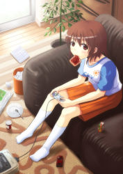 Rule 34 | 1girl, bread slice, brown eyes, brown hair, cellphone, couch, food, food in mouth, game console, hyuuga azuri, juice box, kneehighs, mouth hold, phone, plate, playing games, sitting, socks, solo, spoon, super famicom, super nintendo, toast, toast in mouth, video game