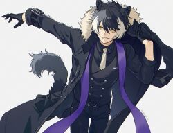 Rule 34 | 1boy, animal ears, black coat, black gloves, black hair, clenched teeth, coat, commentary request, dressing, fang, fur-trimmed coat, fur trim, gloves, hair between eyes, half gloves, holostars, jackal boy, jackal ears, jackal tail, kageyama shien, kageyama shien (1st costume), looking to the side, male focus, multicolored hair, necktie, rozu ki, short hair, solo, standing, teeth, two-tone hair, upper body, virtual youtuber, white background, white hair, white necktie, yellow eyes