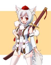 Rule 34 | 1girl, alternate costume, animal ears, bad id, bad pixiv id, detached sleeves, duplicate, female focus, hat, inubashiri momiji, lilac (artist), lilac (p-f easy), red eyes, short hair, solo, sword, tail, tokin hat, touhou, weapon, white hair, wolf ears, wolf tail