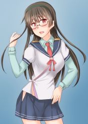 Rule 34 | 1girl, alternate costume, anti (untea9), bespectacled, blue background, blue sailor collar, blue shirt, blue skirt, blush, brown hair, choukai (kancolle), cosplay, cowboy shot, glasses, gradient background, hairband, highres, hip vent, kantai collection, long hair, long sleeves, looking at viewer, necktie, ooyodo (kancolle), ooyodo (kancolle) (cosplay), puffy short sleeves, puffy sleeves, red eyes, red necktie, sailor collar, sailor shirt, semi-rimless eyewear, shirt, short sleeves, skirt, solo, standing, under-rim eyewear