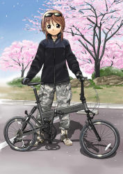 Rule 34 | 1girl, bicycle, boots, ebifly, folding bicycle, gloves, jacket, military, military uniform, original, solo, sunglasses, uniform
