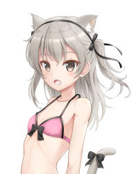 Rule 34 | 1girl, :o, animal ear fluff, animal ears, bare shoulders, bell, black bow, black hairband, black ribbon, blush, bow, bow bra, bra, brown eyes, cat ears, cat girl, cat tail, collarbone, commentary request, extra ears, flat chest, flipper, girls und panzer, hair ribbon, hairband, highres, kemonomimi mode, long hair, looking at viewer, open mouth, pink bra, ribbon, shimada arisu, silver hair, simple background, solo, tail, tail bell, tail ornament, two side up, underwear, underwear only, upper body, white background