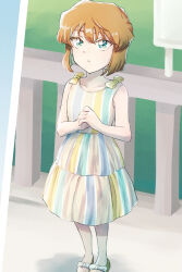 Rule 34 | 1girl, aged down, astrayin, bare arms, bare shoulders, blue dress, bow, brown hair, child, closed mouth, dress, full body, green eyes, meitantei conan, miyano shiho, multicolored clothes, multicolored dress, orange bow, orange dress, outdoors, own hands together, shoes, short hair, solo, standing, white dress