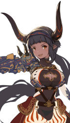 Rule 34 | &gt;:d, 10s, 1girl, :d, belt, black hair, black panties, blunt bangs, breasts, cleavage, cleavage cutout, clothing cutout, collarbone, colossus (granblue fantasy), commentary request, draph, granblue fantasy, hairband, horns, jpeg artifacts, large breasts, long hair, looking away, looking to the side, mikasayaki, navel, official style, open mouth, orange eyes, panties, personification, pointy ears, ponytail, see-through, sidelocks, simple background, smile, solo, turtleneck, underwear, v-shaped eyebrows, very long hair, white background