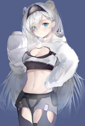 Rule 34 | 1girl, animal ears, arknights, aurora (arknights), bear ears, black hairband, black shirt, blue background, blue eyes, blush, breasts, chaps, chinese commentary, cleavage, commentary request, cowboy shot, crop top, cropped jacket, grey shorts, guigui, hair over one eye, hairband, hand up, highres, jacket, long hair, looking at viewer, midriff, navel, partial commentary, revision, shirt, short shorts, shorts, simple background, sleeves past fingers, sleeves past wrists, smile, solo, standing, stomach, very long hair, white hair, white jacket