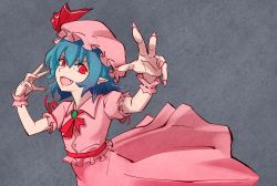 Rule 34 | 1girl, blue hair, bow, bowtie, brooch, collared shirt, commentary, cowboy shot, fang, fingernails, flat chest, frilled shirt, frilled skirt, frilled sleeves, frills, grey background, hat, hat ribbon, highres, jewelry, looking at viewer, mob cap, nail polish, open mouth, pink hat, pink nails, pink shirt, pink skirt, puffy short sleeves, puffy sleeves, red bow, red bowtie, red eyes, red ribbon, remilia scarlet, ribbon, sharp fingernails, shirt, short hair, short sleeves, skirt, smile, solo, touhou, wrist cuffs, yan pai