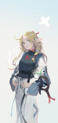Rule 34 | 1girl, ahoge, belt, bird, blonde hair, braid, breasts, choker, creature, cross-laced clothes, cross-laced sleeves, dungeon meshi, elf, feet out of frame, green eyes, hair around ear, hair ribbon, hair tubes, head tilt, highres, jewelry, layered sleeves, long hair, long sleeves, looking at viewer, lser116, marcille donato, necklace, pants, parted lips, plant, pointy ears, ribbon, side braid, skyfish (cryptid), smile, solo, staff, standing, vest, white pants