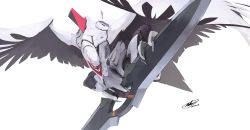 Rule 34 | andrew leung, flying, highres, holding, holding sword, holding weapon, looking down, mass production eva, mecha, neon genesis evangelion, no eyes, no humans, open mouth, robot, solo, sword, weapon, white background, wings