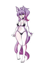 Rule 34 | 1girl, absurdres, animal ears, bikini, black bikini, breasts, claws, cleavage, colored skin, curvy, furry, furry female, hiel (lucyfer), highleg, highleg bikini, highres, large breasts, long hair, looking at viewer, lucyfer, narrow waist, original, ponytail, purple hair, shiny skin, simple background, smile, solo, standing, swimsuit, tail, thighs, thong, thong bikini, very long hair, white background, wide hips, wolf ears, wolf girl, wolf tail, yellow eyes