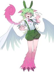 Rule 34 | 1girl, absurdres, alternate eye color, animal feet, brooch, buttons, claw pose, clawed feet, collared shirt, commentary request, crying, crying with eyes open, dragon girl, dragon horns, fangs, fingernails, floating hair, flower, furrowed brow, gao, gradient hair, green hair, green shorts, green suspenders, hair between eyes, hands up, high collar, highres, horns, jewelry, knees, long hair, looking at viewer, low ponytail, low wings, marutsubo, monsterification, multicolored hair, neck ribbon, pink hair, pink ribbon, puffy short sleeves, puffy shorts, puffy sleeves, ribbon, sharp fingernails, shirt, short sleeves, shorts, simple background, slit pupils, solo, suspender shorts, suspenders, tears, tongue, translation request, two-tone hair, voicevox, white background, white eyes, white shirt, wings, zundamon
