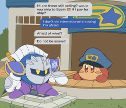 Rule 34 | armor, blush stickers, brown eyes, cape, english text, galaxia (sword), gloves, grass, greaves, hat, kirby: right back at ya, kirby (series), kirby and the forgotten land, knightcall, mailman, mask, meme, meta knight, nintendo, no humans, pauldrons, post office, shoulder armor, spanish flag, sword, waddle dee, weapon, yellow eyes
