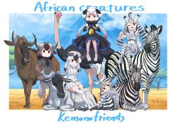 Rule 34 | 5girls, animal, animal ears, animal print, belt, black eyes, black hair, black wildebeest (kemono friends), blue wildebeest (kemono friends), bow, bowtie, chapman&#039;s zebra (kemono friends), dress, elbow gloves, extra ears, gloves, grey hair, hair ornament, horns, kemono friends, kemono friends 3, looking at viewer, multiple girls, ostrich (kemono friends), outdoors, pantyhose, plains zebra (kemono friends), scarf, shirt, shoes, short hair, shorts, skirt, sleeveless, suspenders, tail, thighhighs, white hair, yamaguchi yoshimi, zebra ears, zebra girl, zebra print