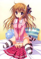 Rule 34 | 1girl, absurdres, bed, bed sheet, between breasts, black thighhighs, blush, braid, breasts, brown hair, highres, moribe (rabumanyo), mouth hold, one side up, panties, pillow, purple eyes, school uniform, side-tie panties, side ponytail, skirt, striped clothes, striped thighhighs, thighhighs, twin braids, underwear, unworn skirt, white panties, white thighhighs