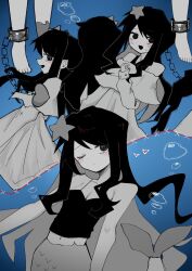 1girl ;( black_eyes black_hair blue_background chain dress greyscale_with_colored_background hair_ornament highres mermaid monster_girl one_eye_closed samel_2 star_(symbol) star_hair_ornament suishitai_wa_koi_shitai_(vocaloid) white_dress