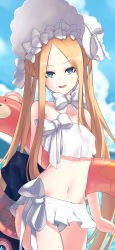 Rule 34 | 1152635131 (artist), 1girl, abigail williams (fate), abigail williams (swimsuit foreigner) (fate), abigail williams (swimsuit foreigner) (third ascension) (fate), absurdres, bad id, bad pixiv id, bare shoulders, bikini, blonde hair, blue eyes, blue sky, blurry, blurry background, blush, bonnet, bow, breasts, fate/grand order, fate (series), forehead, hair bow, highres, innertube, long hair, looking at viewer, miniskirt, navel, open mouth, parted bangs, sidelocks, skirt, sky, small breasts, smile, swim ring, swimsuit, thighs, twintails, very long hair, white bikini, white bow, white headwear