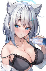 Rule 34 | 1girl, absurdres, animal ear fluff, animal ears, black bra, blue archive, blue eyes, blue halo, blush, bottle, bra, breasts, cleavage, collarbone, cross hair ornament, grey hair, hair ornament, halo, highres, kuroshiro kanae, large breasts, looking at viewer, mismatched pupils, open clothes, open shirt, shiroko (blue archive), shirt, short hair, simple background, solo, underwear, water bottle, white background, white shirt, wolf ears