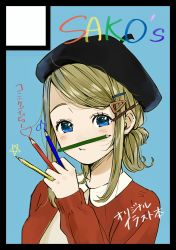 Rule 34 | 1girl, artist name, beret, black border, black hat, blonde hair, blue background, blue eyes, blush, border, circle cut, closed mouth, commentary request, hand up, hat, heart, highres, holding, holding pencil, jacket, long sleeves, looking at viewer, musical note, original, pencil, pencil as mustache, ponytail, red jacket, sako (35s 00), short hair, simple background, solo, star (symbol), translation request, upper body