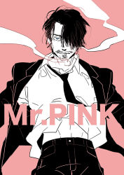 Rule 34 | 1boy, blue eyes, character name, cigarette, general orumutsu, hair over one eye, jacket, male focus, midriff peek, monochrome, mouth hold, mr. pink, necktie, outstretched arms, pants, reservoir dogs, shirt, short hair, sketch, smoking, solo