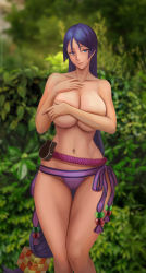 Rule 34 | 1girl, absurdres, beads, bikini, breasts, bush, collarbone, covering privates, covering breasts, fate/grand order, fate (series), goldengear870, highres, large breasts, long hair, looking at viewer, low-tied long hair, minamoto no raikou (fate), minamoto no raikou (fate/grand order), minamoto no raikou (swimsuit lancer) (fate), navel, parted bangs, pouch, purple bikini, purple eyes, purple hair, rope, smile, swimsuit, thighs, topless, very long hair