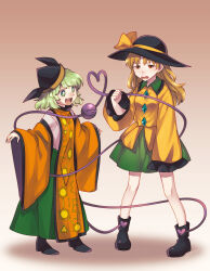 Rule 34 | 2girls, alternate costume, black footwear, black headwear, blonde hair, blouse, breasts, buttons, clenched hand, collar, collared shirt, color connection, constellation print, cosplay, costume switch, detached sleeves, diamond (gemstone), eyeball, frilled collar, frills, full body, gradient background, green eyes, green hair, green skirt, hat, hat ribbon, heart, heart of string, highres, komeiji koishi, komeiji koishi (cosplay), long hair, long skirt, matara okina, matara okina (cosplay), medium breasts, miniskirt, multiple girls, open mouth, pigeon-toed, ribbon, shadow, shikido (khf), shirt, short hair, skirt, standing, tabard, teeth, third eye, tongue, touhou, undershirt, wide sleeves, yellow ribbon, yellow shirt