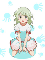 Rule 34 | 1girl, blush stickers, brown eyes, cato (monocatienus), commentary request, earlobes, ebisu eika, grey hair, kneeling, long earlobes, long hair, looking at viewer, open mouth, puffy short sleeves, puffy sleeves, shirt, short sleeves, skirt, skirt set, smile, solo, touhou, white background, white shirt, white skirt