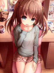 Rule 34 | 1girl, bad id, bad pixiv id, blue eyes, brown hair, chair, coffee, coffee mug, computer, cup, desk, figure, highres, laptop, long hair, magazine (object), missile228, mug, original, sitting, skirt, solo, two side up