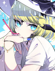 Rule 34 | 1girl, au ra, bikini, bikini under clothes, black bikini, blonde hair, blue eyes, bracelet, breasts, commission, dragon horn, drinking straw, drinking straw in mouth, eyebrows hidden by hair, final fantasy, final fantasy xiv, from side, hat, hat ribbon, highres, jewelry, looking at viewer, nail polish, nekoma hikaru, pixiv commission, ribbon, ring, scales, see-through, see-through shirt, shirt, small breasts, solo, sparkle, sun hat, swimsuit, upper body, white hat, white shirt