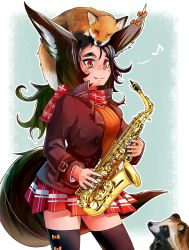 Rule 34 | 1girl, absurdres, animal, animal ears, animal on head, black jacket, black thighhighs, blue background, bow, doitsuken, ear ribbon, fang, fang out, fox, fox ears, fox tail, highres, holding, holding instrument, instrument, jacket, long sleeves, looking at viewer, musical note, on head, orange sweater, original, red eyes, red scarf, red skirt, ribbed sweater, saxophone, scarf, skirt, smile, solo, spoken musical note, standing, sweater, tail, tanuki, thighhighs, zettai ryouiki