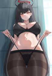 Rule 34 | 1girl, absurdres, black bra, black hair, black panties, black pantyhose, blue archive, blush, bra, breasts, cleavage, commentary request, dubeaduver, gluteal fold, hair ornament, hairclip, halo, highres, large breasts, long hair, looking at viewer, mechanical halo, navel, panties, panty straps, pantyhose, parted lips, red eyes, rio (blue archive), solo, standing, stomach, sweat, thigh gap, underwear, very long hair