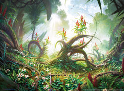 Rule 34 | artist name, company name, concept art, copyright name, english text, flower, forest, grass, highres, lorenzo lanfranconi, magic: the gathering, nature, no humans, outdoors, plant, red flower, roots, scenery, signature, tree, vegetation, watermark, white flower