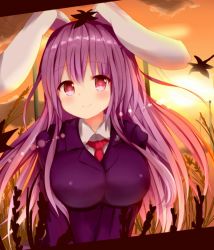Rule 34 | 1girl, akiori koromo, animal ears, autumn, autumn leaves, blazer, blouse, blush, breasts, buttons, cloud, cloudy sky, collared shirt, jacket, large breasts, long hair, long sleeves, necktie, pink skirt, pleated skirt, power lines, purple hair, rabbit ears, red eyes, red necktie, reisen udongein inaba, shirt, skirt, sky, solo, sun, sunset, touhou, very long hair, wheat field