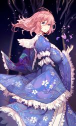 Rule 34 | 1girl, breasts, bug, butterfly, cherry blossoms, commentary request, dress, fingernails, floral print, frills, highres, insect, large breasts, looking at viewer, medium hair, night, night sky, petals, pink eyes, pink hair, saigyouji yuyuko, sky, sleeves past wrists, smile, solo, star (sky), starry sky, touhou, tree, untue