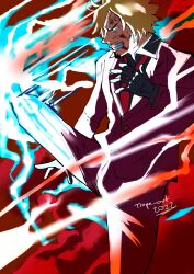 Rule 34 | 1boy, absurdres, blonde hair, blue fire, commentary, curly eyebrows, dated, facial hair, fire, formal, gloves, goatee, highres, jacket, leg up, male focus, necktie, one piece, pants, profile, sanji (one piece), short hair, solo, suit, trope art