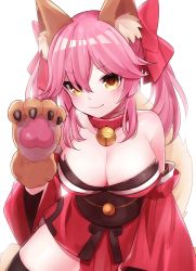 Rule 34 | 1girl, absurdres, alternate hairstyle, animal ear fluff, animal ears, animal hands, bare shoulders, bell, blush, bow, breasts, cat paws, cleavage, closed mouth, collar, collarbone, fate/extra, fate/grand order, fate (series), fox ears, fox girl, fox tail, gloves, hair between eyes, hair bow, heart, heart-shaped pupils, highres, japanese clothes, jingle bell, kimono, large breasts, long hair, looking at viewer, neck bell, paw gloves, pink hair, red kimono, sash, short kimono, sidelocks, simple background, smile, solo, soramame pikuto, symbol-shaped pupils, tail, tamamo (fate), tamamo cat (fate), tamamo cat (first ascension) (fate), twintails, white background, wide sleeves, yellow eyes