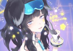 Rule 34 | 1girl, animal ears, bare shoulders, black hair, blue archive, blue eyes, blush, dog ears, dog girl, gloves, goggles, goggles on head, halo, hibiki (blue archive), hibiki (cheer squad) (blue archive), long hair, looking at viewer, millennium cheerleader outfit (blue archive), open mouth, parted lips, partially fingerless gloves, paw print, ponytail, s2j00, solo, star (symbol), star sticker, sticker, sticker on face, upper body, v