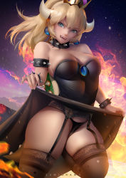Rule 34 | 1girl, armlet, bare shoulders, black dress, black panties, black thighhighs, blonde hair, blue eyes, bowsette, bracelet, breasts, cleavage, clothes lift, collar, crown, dress, dress lift, earrings, fang, garter belt, half-closed eyes, horns, jewelry, lace, lace-trimmed legwear, lace trim, large breasts, lifting own clothes, looking at viewer, mario (series), nail polish, nintendo, panties, pointy ears, skindentation, solo, spiked armlet, spiked bracelet, spiked collar, spikes, super crown, thighhighs, thighs, underwear, v-shaped eyebrows