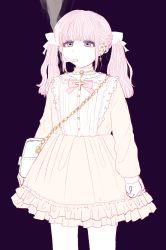 Rule 34 | 1girl, bag, blunt bangs, bow, choker, cigarette, cross, cross earrings, dress, ear piercing, earrings, frilled choker, frilled dress, frills, hair ribbon, highres, jewelry, lolita fashion, long hair, low twintails, mohato official, mouth hold, original, piercing, pink eyes, pink hair, purple background, ribbon, shoulder bag, smoking, solo, twintails