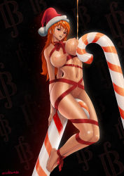 Rule 34 | barefoot, bdsm, bondage, bound, breast press, breasts, candy, candy cane, ecchi-mia, food, hat, large breasts, nami (one piece), nipples, one piece, orange hair, ribbon, santa costume, santa hat, thighs