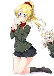 Rule 34 | 2girls, ^^^, ayase eli, black skirt, black socks, blonde hair, blue eyes, blush, clara (girls und panzer), closed mouth, commentary, constricted pupils, fingers together, frown, girls und panzer, green jacket, hair ornament, hair scrunchie, highres, insignia, jacket, kneeling, kuzuryuu kennosuke, light blush, long hair, long sleeves, looking at viewer, love live!, love live! school idol project, miniskirt, multiple girls, no shoes, open mouth, peeking out, pleated skirt, ponytail, pravda school uniform, red scrunchie, red shirt, school uniform, scrunchie, shadow, shirt, simple background, skirt, smile, socks, swept bangs, trembling, turtleneck, wavy mouth, white background