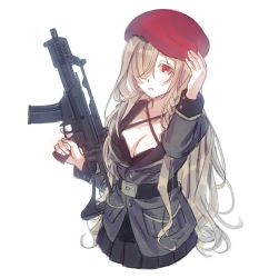 Rule 34 | 1girl, adjusting clothes, adjusting headwear, assault rifle, belt, belt buckle, beret, black belt, black jacket, black shirt, black skirt, braid, breasts, buckle, cretaceum, criss-cross halter, g36c (girls&#039; frontline), girls&#039; frontline, gun, h&amp;k g36c, hair over one eye, halterneck, hat, holding, holding gun, holding weapon, jacket, lace, lace trim, large breasts, long hair, long sleeves, looking at viewer, military, military uniform, pocket, red beret, red eyes, red hat, rifle, shirt, silver hair, skirt, solo, standing, tareme, uniform, very long hair, weapon, white background
