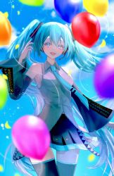 Rule 34 | 1girl, :d, balloon, black skirt, black sleeves, black thighhighs, blue eyes, blue hair, blue necktie, breasts, collared shirt, commentary, cowboy shot, detached sleeves, diandao qin, dress shirt, english commentary, floating hair, grey shirt, hair between eyes, hatsune miku, headphones, headset, highres, long hair, long sleeves, looking at viewer, microphone, miniskirt, necktie, open mouth, pleated skirt, shirt, skirt, sleeveless, sleeveless shirt, small breasts, smile, solo, standing, thigh gap, thighhighs, twintails, very long hair, vocaloid, wing collar, zettai ryouiki