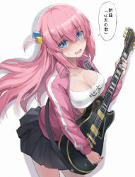 Rule 34 | 1girl, black skirt, blue eyes, bocchi the rock!, breasts, cleavage, cube hair ornament, electric guitar, gotoh hitori, guitar, hair ornament, highres, holding, holding instrument, instrument, jacket, large breasts, long hair, long sleeves, looking at viewer, open mouth, pink hair, pink jacket, simple background, skirt, solo, speech bubble, thighs, tonee, translation request, white background