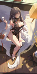 Rule 34 | 1girl, azur lane, bare shoulders, black dress, breasts, charybdis (azur lane), charybdis (red chamber of healing) (azur lane), cleavage, dress, feather boa, grey eyes, grey hair, high heels, highres, large breasts, long hair, looking at viewer, official alternate costume, sansan (dongfangzhong111), sitting, smile, solo, thighs