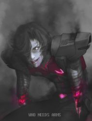 Rule 34 | 1boy, adapted costume, android, armor, bandages, bandaged arm, bandages, belt, black hair, blood, blood from mouth, boysquad, colored skin, damaged, english text, glowing, glowing eye, grey skin, hair over one eye, joints, looking at viewer, male focus, mettaton, mettaton ex, pauldrons, purple eyes, realistic, robot, robot joints, shoulder armor, smoke, solo, spot color, undertale