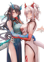 Rule 34 | 2girls, arknights, bare arms, bare shoulders, black hair, blue hair, blue skin, blush, breasts, china dress, chinese clothes, closed mouth, colored skin, cowboy shot, cropped, dragon girl, dragon horns, dragon tail, dress, duplicate, dusk (arknights), dusk (everything is a miracle) (arknights), gradient dress, green dress, highres, horns, large breasts, long hair, looking at viewer, multicolored hair, multiple girls, nian (arknights), nian (unfettered freedom) (arknights), no panties, one eye closed, paid reward available, parted lips, pointy ears, ponytail, purple eyes, red eyes, red hair, red skin, ru zhai, siblings, simple background, sisters, sleeveless, sleeveless dress, smile, standing, streaked hair, tail, tattoo, thighs, white background, white dress, white hair