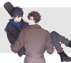 Rule 34 | 2boys, black footwear, black hair, black jacket, black pants, blue scarf, boots, brown coat, brown hair, buried stars, carrying, coat, commentary request, ear piercing, earrings, glasses, grey background, guitar case, hair between eyes, han do-yoon, highres, holding, instrument case, jacket, jewelry, lee gyu-hyuk, long sleeves, male focus, mole, mole under eye, multiple boys, open mouth, pants, piercing, scarf, short hair, simple background, smile, standing, yaoi, yusa (yusa0751)